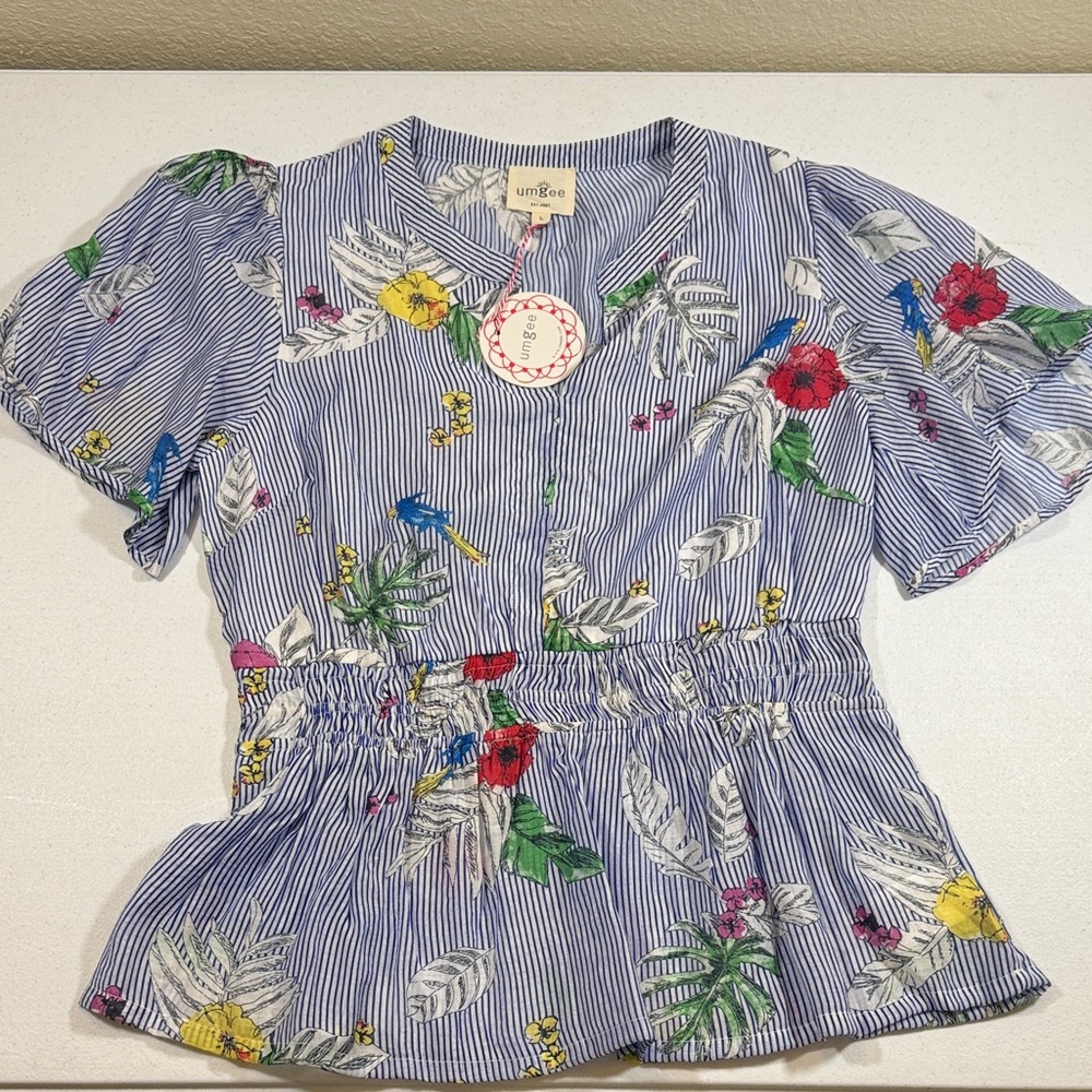 Umgee Blue Striped Floral Waist-Detail Blouse